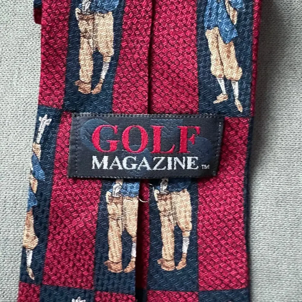 Vintage Golf Magazine Silk Tie Red Navy Golfer Print USA Made Novelty Pattern